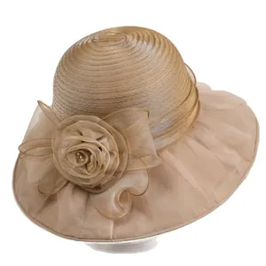 Elegant champagne gold organza flower sun hat with wide brim for wedding and parties