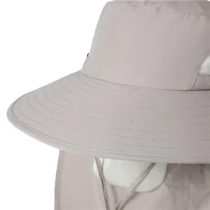 Detail of grey outdoor fishing hat with reinforced wide brim and breathable mesh panel