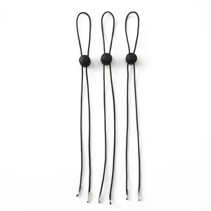 Three-piece adjustable black elastic hat cords with plastic spring stoppers and metal tips