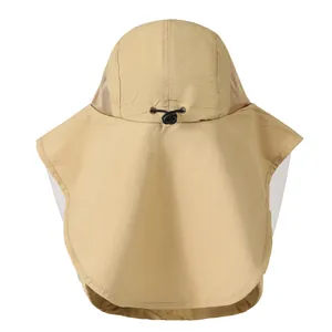 Khaki outdoor sun hat with wide brim, neck flap and breathable mesh for hiking and fishing