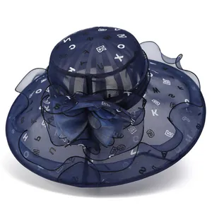 Damen Eleganter Organza Sonnenhut Mit Schleife Große Krempe Wellenrand Buchstabendruck Faltbar UV-Schutz Sommer Strand Hut