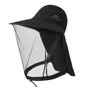 Detail of outdoor sun hat featuring fine anti-mosquito mesh and wide protective neck flap