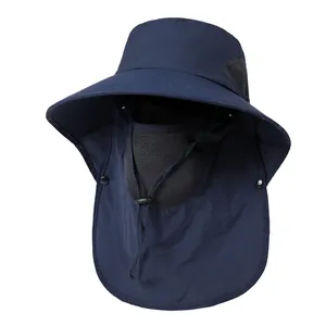 Detail of navy blue sun hat with breathable mesh and detachable face mask for fishing