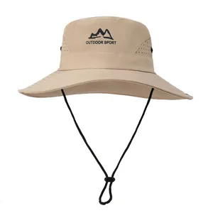 Khaki outdoor sun hat with mountain print and adjustable chin strap for hiking