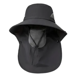 Detail of waterproof fishing hat with breathable mesh face mask and neck protection