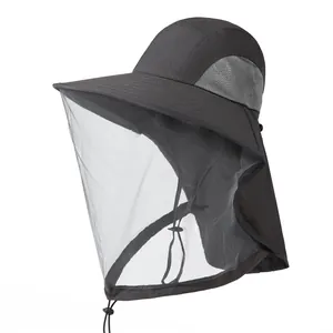 Detail of outdoor sun hat with breathable mesh face mask and protective neck flap