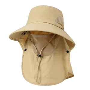 Detail view of khaki sun hat with breathable mesh, detachable face mask and neck flap