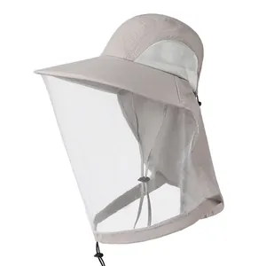 Detail of light grey outdoor sun hat featuring side mesh vents and a wide protective brim