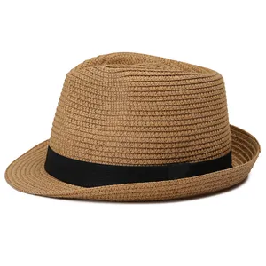 Classic straw fedora sun hat for summer beach travel with black ribbon band
