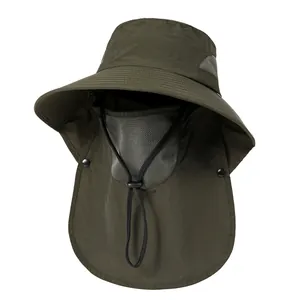 Detail of waterproof fishing hat featuring breathable mesh mask and wide neck protective flap