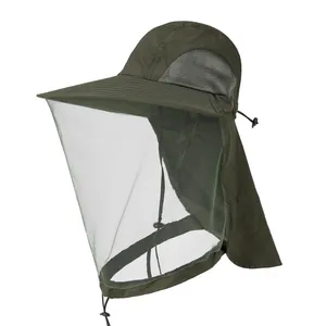 Detail of outdoor wide brim fishing hat with fine mesh mosquito face veil and neck flap