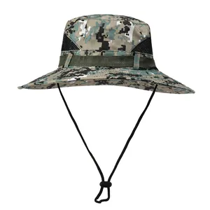Digital camo sun hat with wide brim, breathable mesh panels and adjustable wind cord