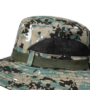 Detail of digital camouflage sun hat featuring black breathable mesh and nylon webbing
