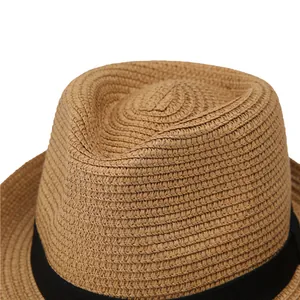 Classic summer Panama hat in natural woven straw with a stylish black grosgrain ribbon
