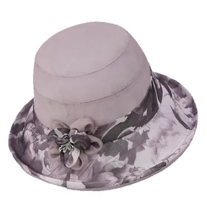 Sombrero de sol violeta para mujer con estampado floral y flor 3D, transpirable para verano