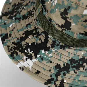 Close-up of digital camo boonie hat with reinforced brim stitching and nylon hanging strap