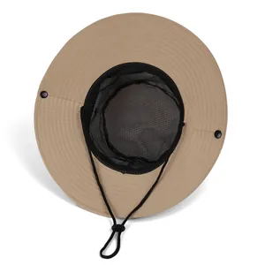 Khaki outdoor sun hat with breathable mesh lining and adjustable chin strap