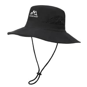 Detail of waterproof outdoor bucket hat with breathable mesh and adjustable chin strap