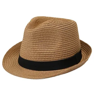 Classic brown straw panama fedora hat with black ribbon for summer vacation sun protection