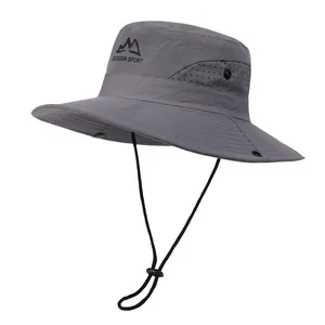 Detail of grey outdoor sun hat with breathable mesh vents and adjustable windproof cord