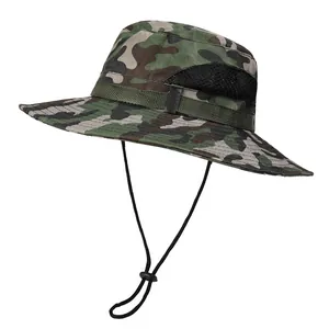 Detail of jungle camo sun hat featuring breathable mesh vents and adjustable wind cord