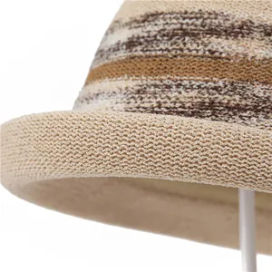 French style knitted cloche hat with striped pattern and breathable roll-up brim for women