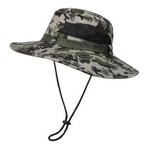 Close-up of camouflage sun hat featuring side mesh vents and adjustable chin strap