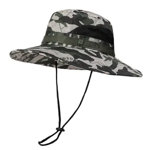 Detail of camouflage bucket hat featuring breathable side mesh and adjustable chin cord