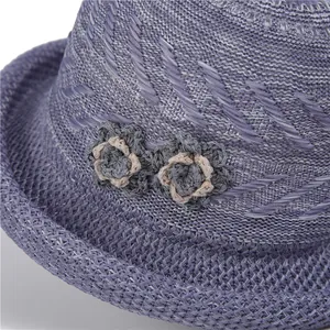 Lilac purple breathable knit bucket hat with dual-tone handmade flower accents for women