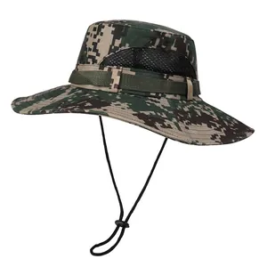 Close-up of camouflage fishing hat featuring breathable mesh vents and adjustable chin cord