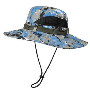 Detail of blue digital camouflage sun hat featuring breathable mesh and windproof cord