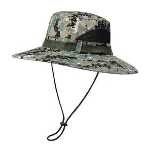 Digital camo outdoor bucket hat with breathable mesh and adjustable chin strap