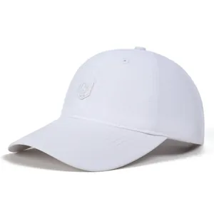 Detail of white quick-dry baseball cap with embroidered logo and reinforced brim stitching