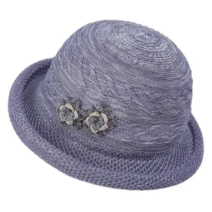 Lavender breathable straw sun hat for women with rolled brim and woven flower details