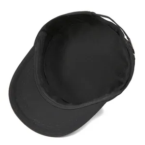 Black cotton flat top military cap with adjustable metal buckle shown from interior view