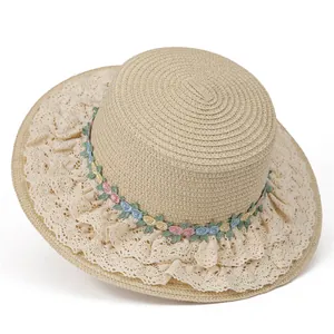 Chapeau de Paille Français Lolita pour Femmes Chapeau de Soleil à Bord Large Avec Bordure en Dentelle et Broderie Florale Chapeau de Plage