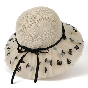Women's Wide Brim Sun Hat Butterfly Print Organza Mesh Bucket Hat UV Protection Breathable Summer Fisherman Hat For Beach