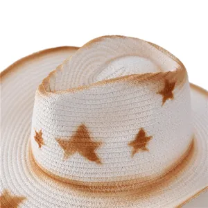 Cappello da cowboy in paglia a tesa larga con stelle marroni per viaggi estivi e trekking