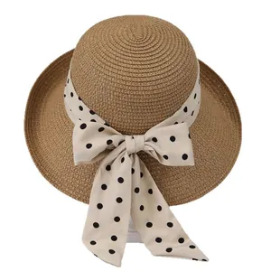 French style straw sun hat with chic polka dot bow ribbon for women summer vacation