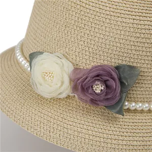 French style straw sun hat with decorative pearls and elegant 3D chiffon floral accents