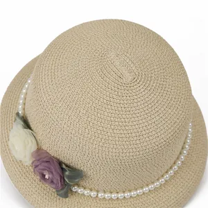 French Hepburn style straw sun hat with pearls and floral decor for women
