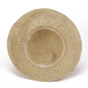 Internal view of wide brim woven straw sun hat made of 100% paper with inner sweatband