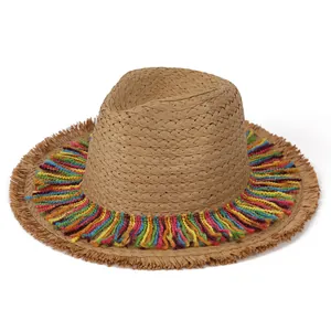 Women's Ethnic Rainbow Tassel Straw Hat Large Brim Sun Protection Beach Fedora Vacation Breathable Woven Summer Hat