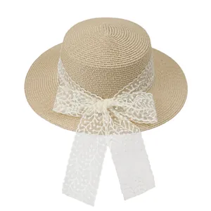 Women Elegant Paper Straw Boater Hat With Large Lace Bow Sun Protection Wide Brim Summer Beach Vacation Sun Hat
