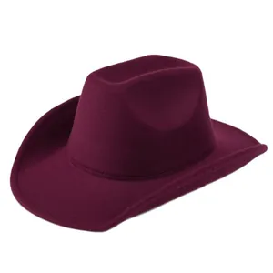 Cappello da cowboy western classico bordeaux in feltro di lana con tesa larga ricurva