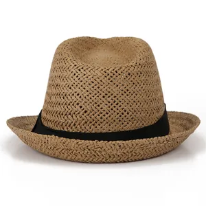 Classic straw fedora hat in brown weave with black decorative ribbon band for sun protection