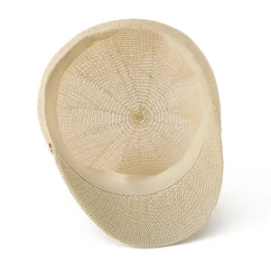Breathable hollow woven beige newsboy hat for women with internal sweatband details