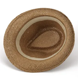 Brown breathable straw fedora hat for parent-child showing interior sweatband and weave