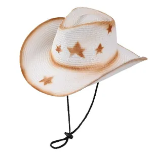 Cappello da cowboy bianco in paglia con stampe a stelle e cinturino regolabile per il sole