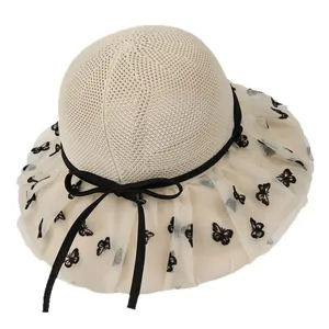 Beige sun hat with black butterfly mesh embroidery and ribbon bow for outdoor sun protection